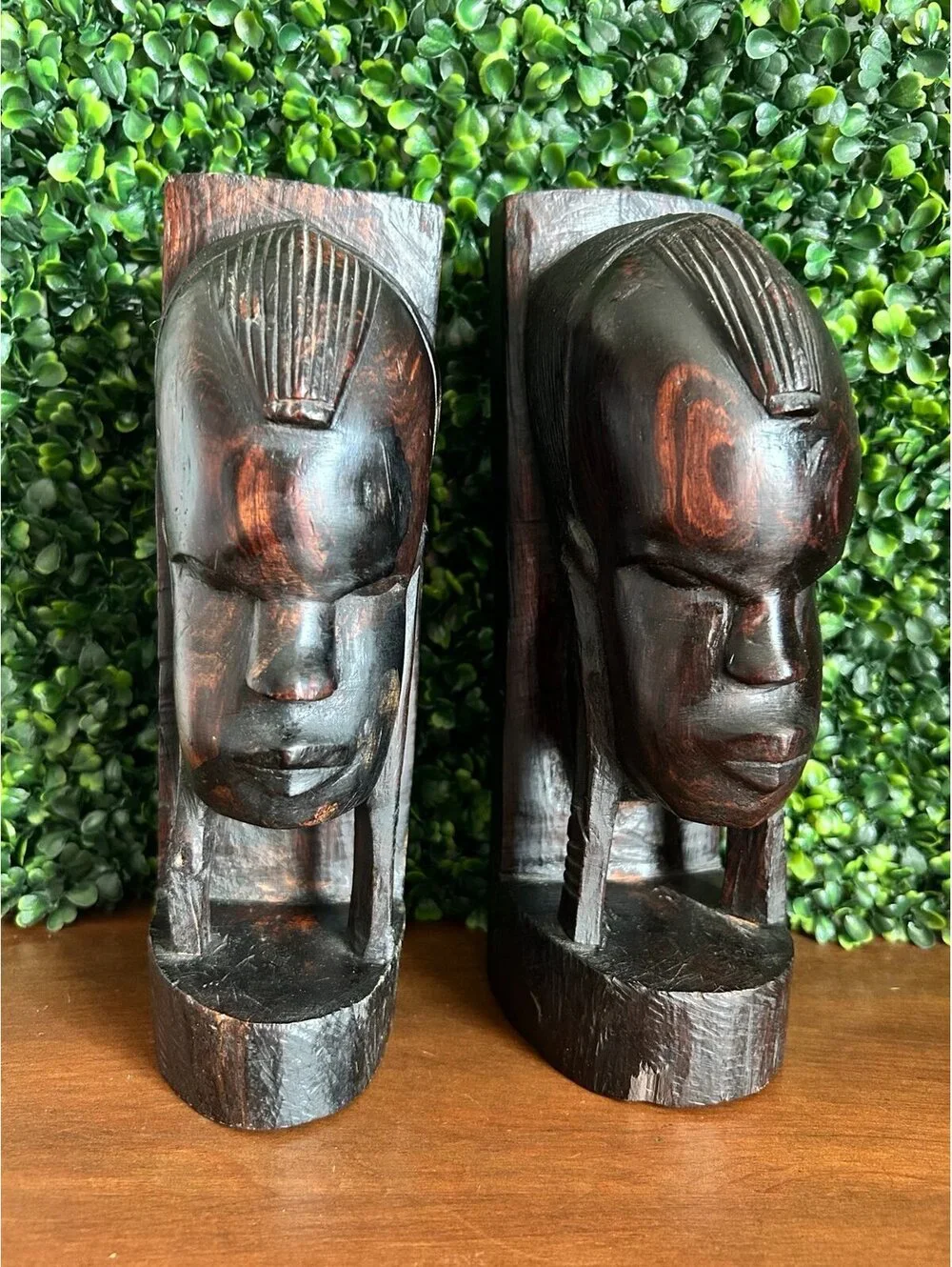 Vintage Hand Carved Ebony Wood Face Bookends African Tribal Sculpture Pair